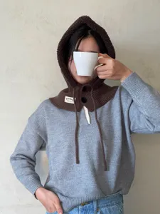 Knitted balaclava hooded scarf winter warm ear protection cap with drawstring and buttons.