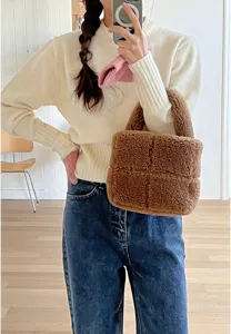 Brown teddy plush tote bag for women, cozy fuzzy winter handbag with stylish quilted grid design.