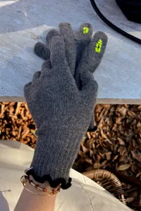 Women grey knit touchscreen gloves with neon green embroidery cute winter warm gloves