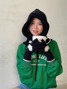 Autumn winter knit balaclava hood scarf set with warm gloves and green casual sweatshirt.