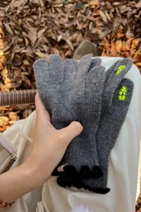 Women's autumn winter wool knitted gloves touch screen grey cute embroidery warm mittens