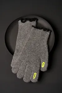 Women's Touchscreen Knit Gloves Winter Warm Wool Blend Grey Ruffled Cuffs Detail Shot