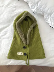 Knitted balaclava hooded scarf, warm fleece-lined winter ear protection hat for women.