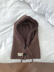 Brown knit balaclava hooded scarf winter warm earflap beanie hat with cute fuzzy lining