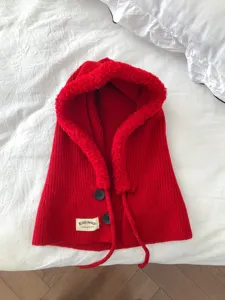 Red knitted balaclava winter hooded scarf warm fleece trim cute Japanese style winter warm hat