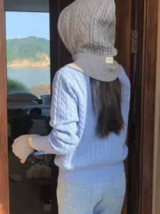 Knitted cable knit hood and sweater set winter cozy warm fashionable women apparel item