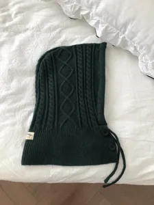 Dark green knit balaclava hooded scarf featuring buttons and drawstrings for women.