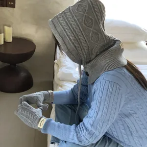 Women Wool Knitted Integrated Hooded Scarf Set With Gloves Cable Knit Drawstring Button Winter Warm Solid Color Accessories