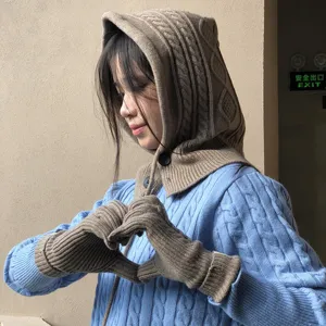 2024 autumn winter knit hooded scarf beanie hat and gloves set casual warm women