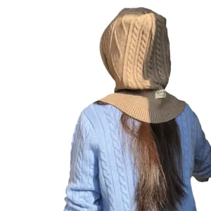 Cozy cable knit balaclava hood scarf for women, stylish two-tone winter warm hooded hat.
