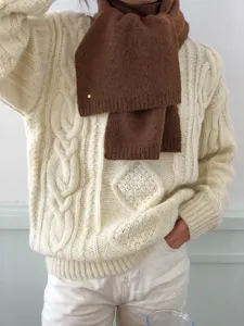 Gemütlicher einfarbiger Winterschal kombiniert mit klassischem Zopfmuster-Pullover.