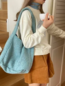 Women Woolen Tote Bag Large Capacity Shoulder Bag Minimalist Soft Fabric Shopping Purse Cozy Winter Underarm Bag Travel Commute Handbag