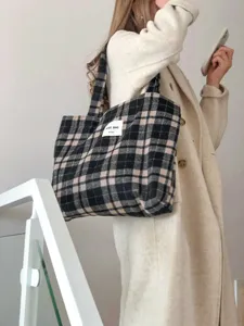 Japanese Retro Woolen Plaid Tote Bag Urban Minimalist Large Capacity Shoulder Bag Casual Autumn Winter Top Handle Bag For Women