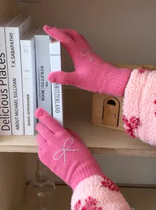 Cute pink knit gloves with rhinestone bow for women winter warm thermal gloves detail
