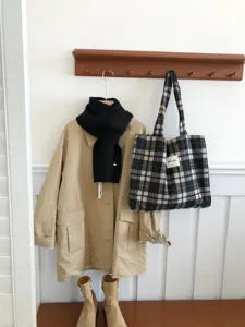Casual black and white plaid wool tote bag for women, large capacity cozy shoulder bag.