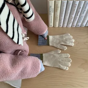Women winter warm color block knit gloves cute Japanese style touch screen wool full finger