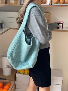 Korean ins style wool tote bag, large capacity single shoulder bag for women winter.