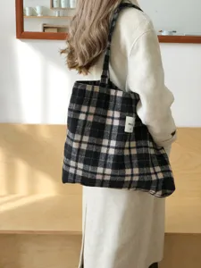 Casual black white plaid woolen tote bag for women large capacity lazy style shoulder bag.