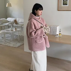 Cute winter women's knitted gloves and cozy fleece coat set, Japanese style warmth.