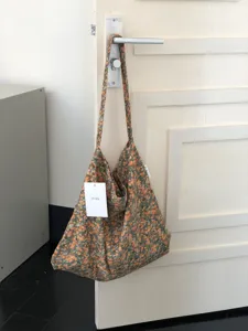 Floral canvas tote bag casual shoulder shopping bag retro print daily student handbag style
