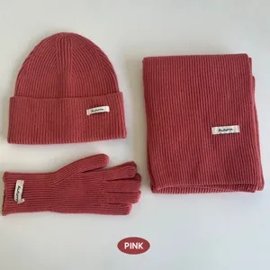 Ensemble bonnet écharpe gants en tricot chaud hiver rose couleur unie confortable quotidien