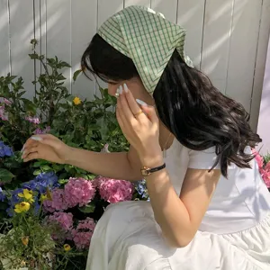 Grünes kariertes Kopftuch Sommer pastoraler Stil Haarband Strand Kopfbedeckung für Damen