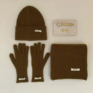 Ensemble trois pièces bonnet écharpe gants tricotés chauds, couleur unie accessoires hiver.
