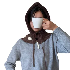 Knitted balaclava hood scarf winter warm fleece hat stylish two-in-one headwear for women.