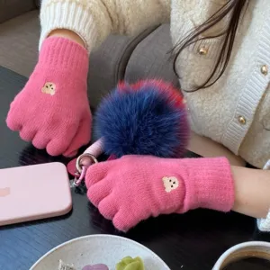 Simpatici guanti in maglia rosa con ricamo d'orso, guanti invernali touch screen caldi.