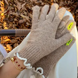 Korean Style Wool Knitted Full Finger Gloves For Women Winter Warm Ruffle Cuff Touchscreen Soft Thick Cold Weather Daily Mittens