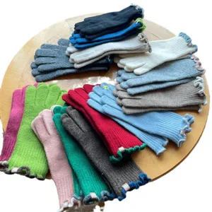 Women autumn winter touch screen knit gloves warm wool ruffles cute mittens multi color