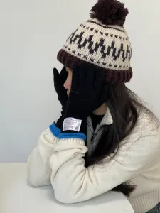 Gants longs en tricot chaud avec bonnet à pompon mignon pour femme mode hivernale