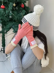 Gants d'hiver en tricot et bonnet à pompon, vêtements en maille chaude et longue pour femmes.