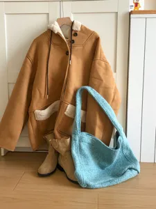 Cozy fuzzy wool tote bag detail view, casual winter shoulder bag style for daily wear.