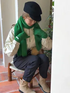 Cozy winter green wool scarf and knit gloves set, stylish chic warm accessories for women.