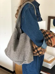 Korean ins style grey fleece tote bag for women, large capacity casual woolen shoulder bag