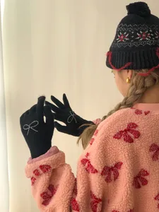 Winter black knit gloves for women cute rhinestone bow five-finger woolen touch screen warm