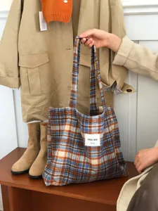 Autumn winter woolen plaid tote bag large capacity lazy style casual shoulder bag for women