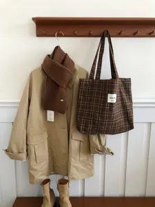 Classic autumn winter plaid canvas shoulder bag for women, large capacity casual tote bag.