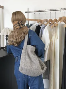 grey wool blend tote bag large capacity shoulder bag casual daily minimalist style