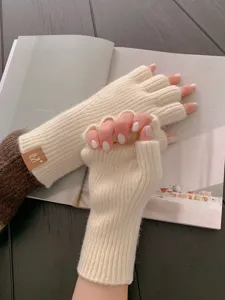 Beige fingerlose Strickhandschuhe für Damen, gerippte Winter-Wärme-Handschuhe mit Leder-Label.