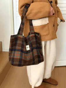 Autumn winter plaid wool tote bag large capacity lazy style shoulder bag for women everyday