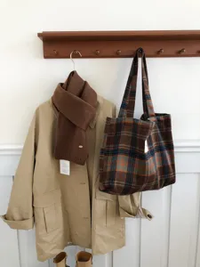 Woolen large capacity shoulder bag, detail view showing retro plaid fabric and soft winter style.