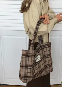 Brown plaid wool tote bag detail, casual large capacity shoulder bag for women autumn.