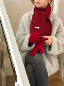 Cozy women's winter solid red wool scarf and gloves set, warm knit fashion cold weather gear.
