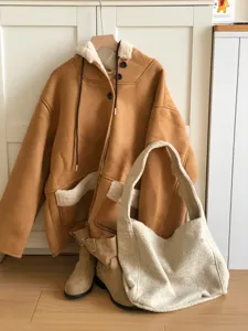 Casual autumn winter large capacity wool tote bag for women, cozy chic shoulder bag style.