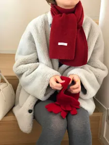Red knit wool scarf and matching winter gloves cozy cold weather accessory detail view