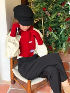 Chic autumn winter wool scarf set for women, warm knit red scarf gloves and hat outfit.