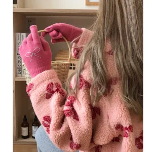 Women's Winter Warm Knitted Gloves Cute Bowknot Rhinestone Touchscreen Full Finger Mittens Sweet Soft Polyester Gloves