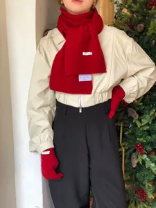 Red wool scarf and gloves set winter warm knit soft daily fashion accessory detail view
